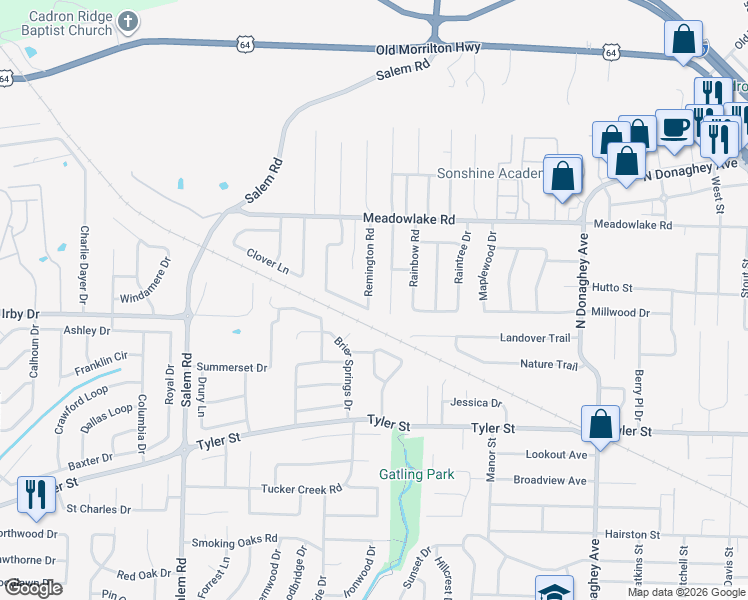 map of restaurants, bars, coffee shops, grocery stores, and more near 2120 Remington Road in Conway