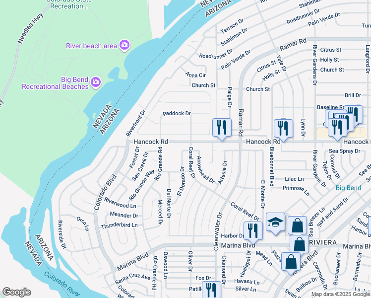 map of restaurants, bars, coffee shops, grocery stores, and more near 427 Sea Spray Drive in Bullhead City