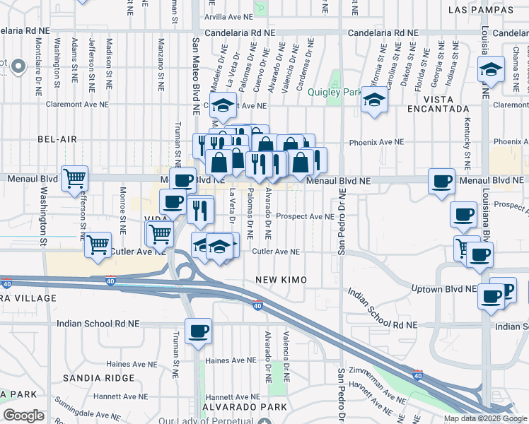 map of restaurants, bars, coffee shops, grocery stores, and more near 2503 Alvarado Drive Northeast in Albuquerque