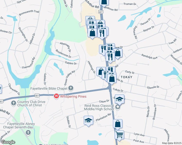 map of restaurants, bars, coffee shops, grocery stores, and more near 3488 Nesbit Road in Fayetteville