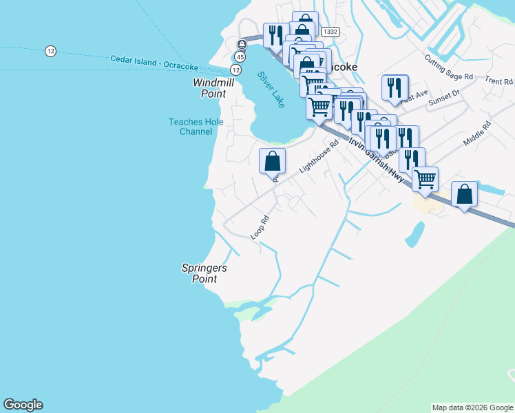 map of restaurants, bars, coffee shops, grocery stores, and more near 25 Martha Jane Lane in Ocracoke