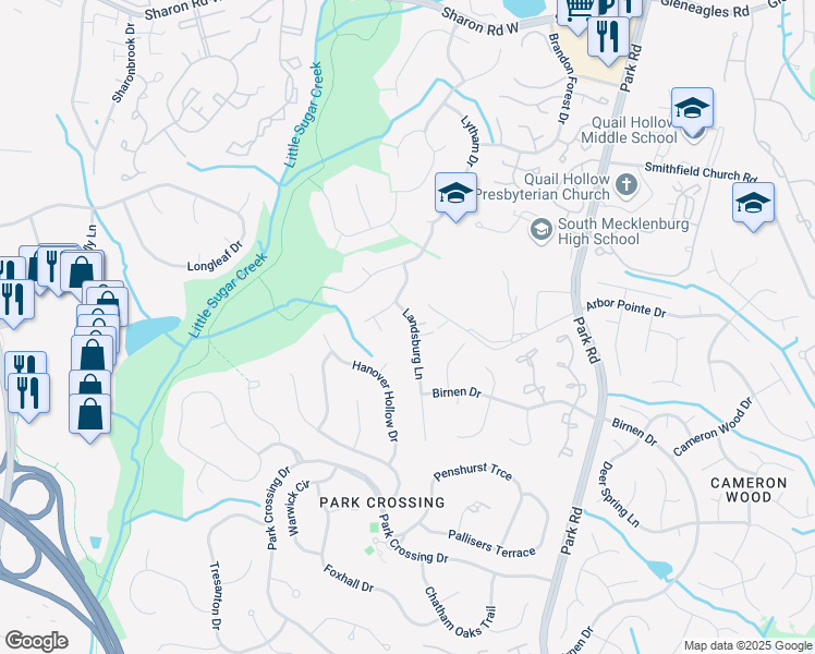 map of restaurants, bars, coffee shops, grocery stores, and more near 9024 Landsburg Lane in Charlotte