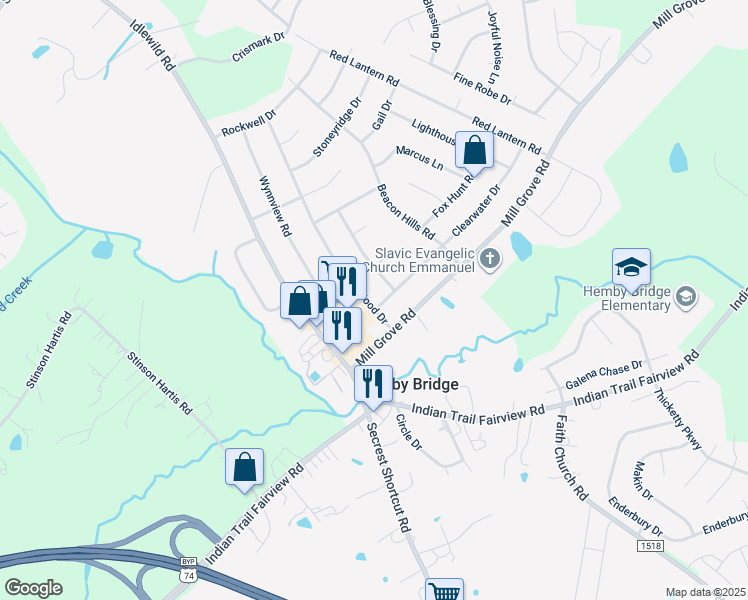 map of restaurants, bars, coffee shops, grocery stores, and more near 6101 Clearwater Drive in Indian Trail