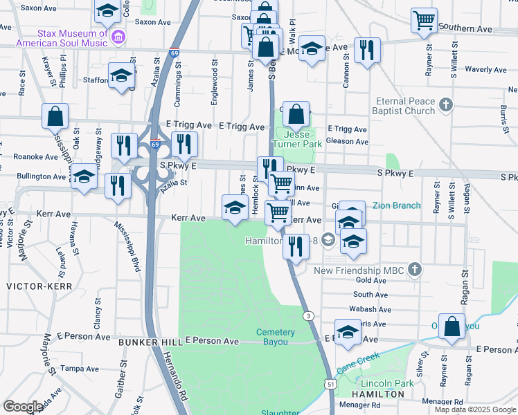 map of restaurants, bars, coffee shops, grocery stores, and more near 1432 Hemlock Street in Memphis