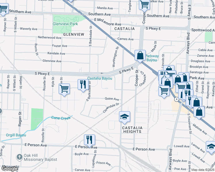 map of restaurants, bars, coffee shops, grocery stores, and more near 1973 South Parkway East in Memphis
