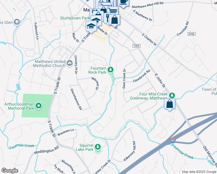 map of restaurants, bars, coffee shops, grocery stores, and more near 428 River Banks Road in Matthews
