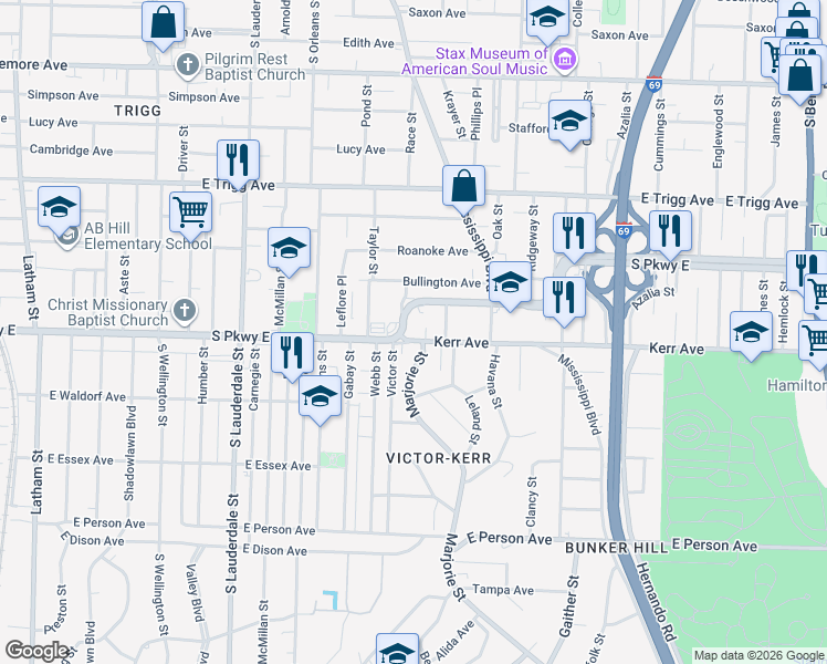 map of restaurants, bars, coffee shops, grocery stores, and more near 743 South Parkway East in Memphis