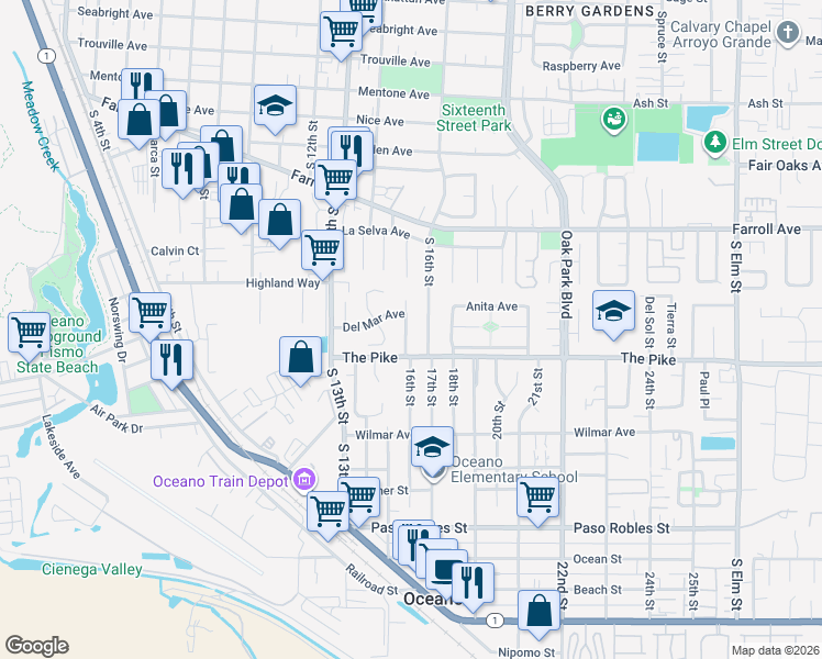 map of restaurants, bars, coffee shops, grocery stores, and more near 1263 Capitola Street in Grover Beach