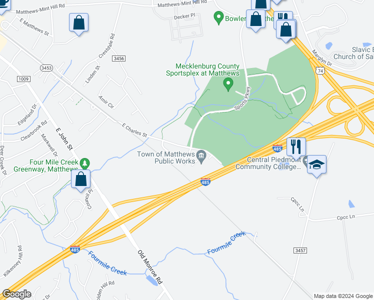 map of restaurants, bars, coffee shops, grocery stores, and more near 8129 Chimore Lane in Matthews