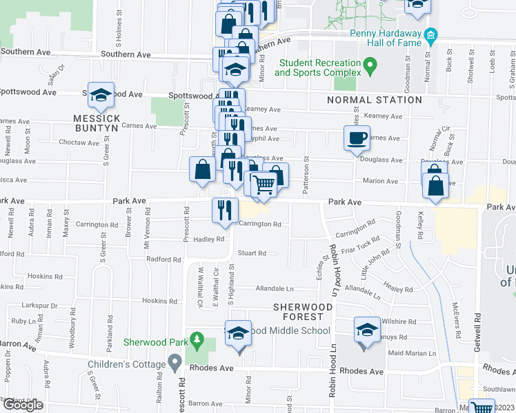 map of restaurants, bars, coffee shops, grocery stores, and more near 3545 Park Avenue in Memphis