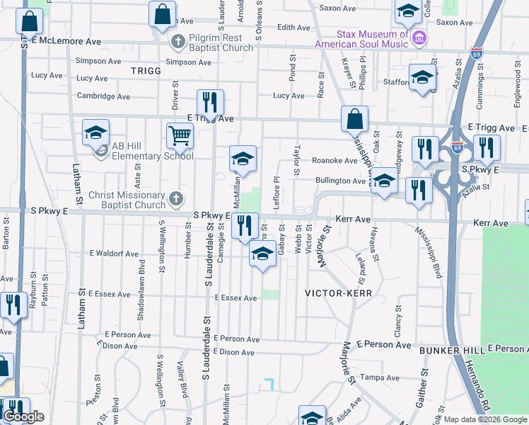 map of restaurants, bars, coffee shops, grocery stores, and more near 1448 South Orleans Street in Memphis