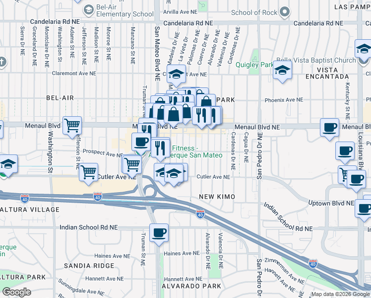 map of restaurants, bars, coffee shops, grocery stores, and more near 2504 La Veta Drive in Albuquerque