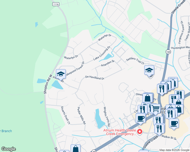 map of restaurants, bars, coffee shops, grocery stores, and more near 15410 De Havilland Drive in Charlotte