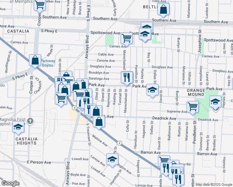 map of restaurants, bars, coffee shops, grocery stores, and more near 1010 Keating Street in Memphis