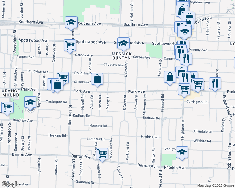 map of restaurants, bars, coffee shops, grocery stores, and more near 3225 Park Avenue in Memphis