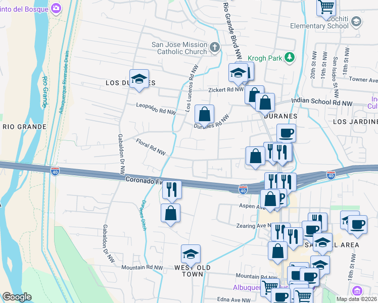 map of restaurants, bars, coffee shops, grocery stores, and more near 2808 San Marcial Street Northwest in Albuquerque
