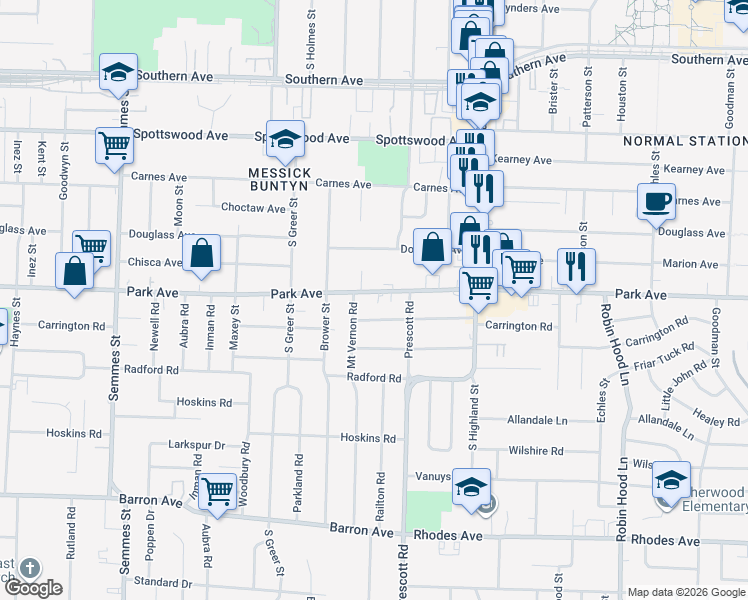 map of restaurants, bars, coffee shops, grocery stores, and more near 3363 Park Avenue in Memphis