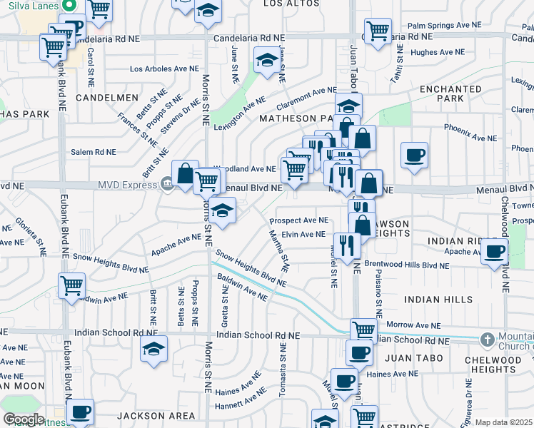 map of restaurants, bars, coffee shops, grocery stores, and more near 2206 Martha Street Northeast in Albuquerque