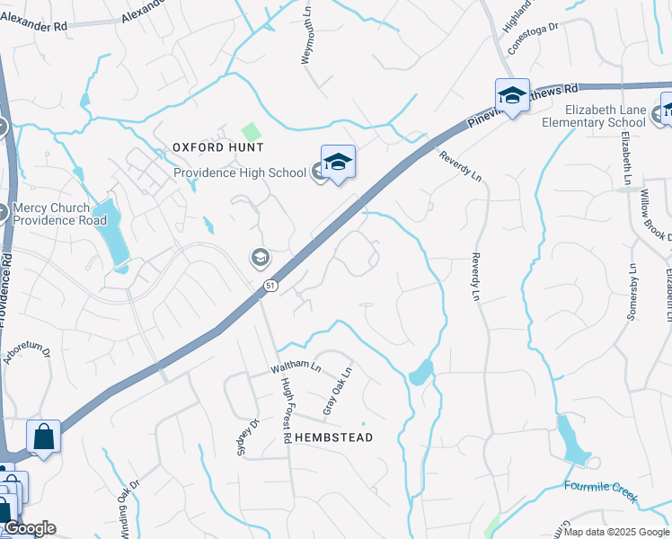 map of restaurants, bars, coffee shops, grocery stores, and more near 1815 Whispering Forest Drive in Charlotte