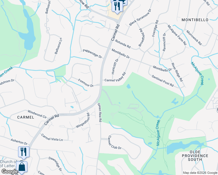 map of restaurants, bars, coffee shops, grocery stores, and more near 4713 Carmel Road in Charlotte