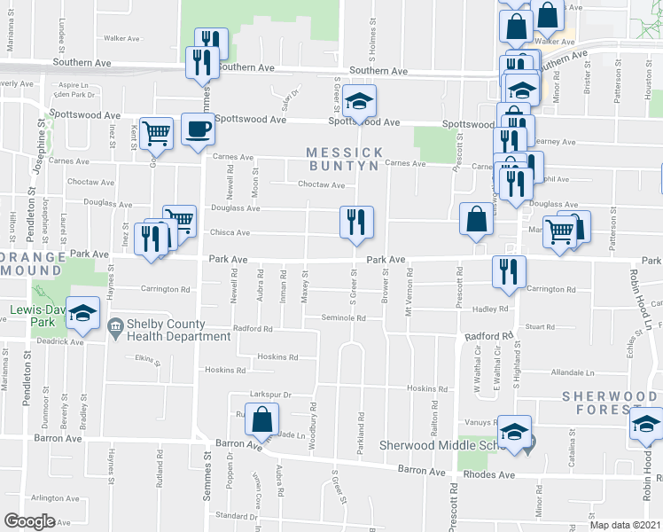 map of restaurants, bars, coffee shops, grocery stores, and more near 3225 Park Avenue in Memphis