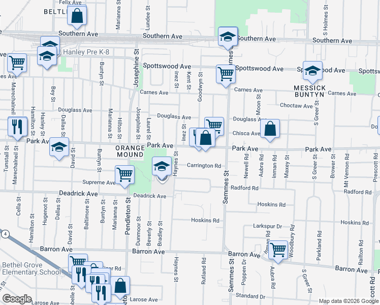 map of restaurants, bars, coffee shops, grocery stores, and more near 2963 Park Avenue in Memphis