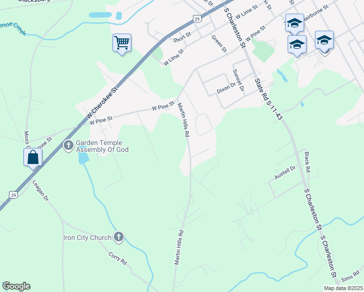 map of restaurants, bars, coffee shops, grocery stores, and more near 152 Martin Hills Road in Blacksburg
