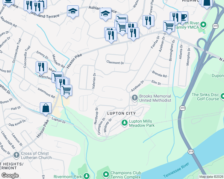 map of restaurants, bars, coffee shops, grocery stores, and more near 1243 Johnston Terrace in Chattanooga