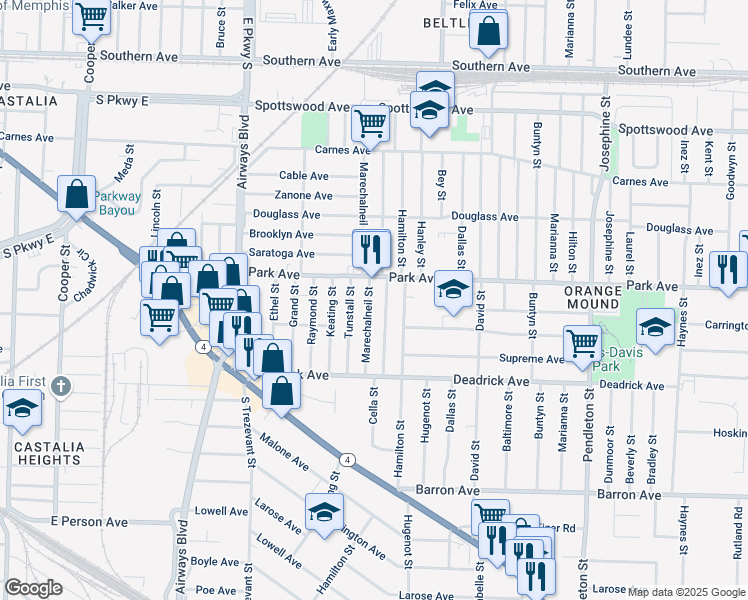 map of restaurants, bars, coffee shops, grocery stores, and more near 1018 Marechalneil Street in Memphis