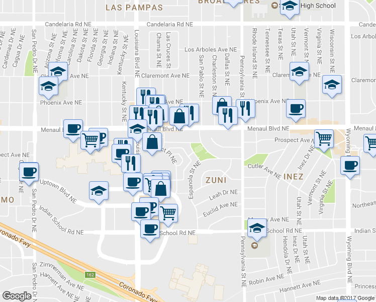 map of restaurants, bars, coffee shops, grocery stores, and more near 2423 Espanola Street Northeast in Albuquerque