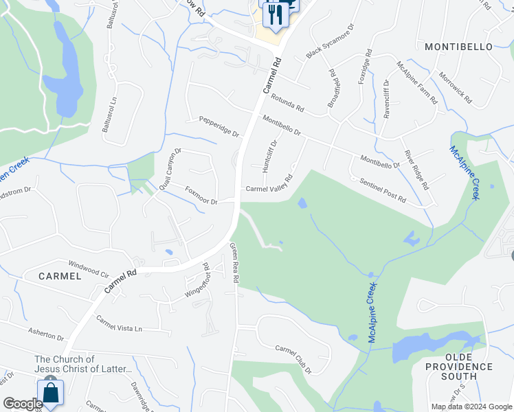 map of restaurants, bars, coffee shops, grocery stores, and more near 4713 Carmel Road in Charlotte