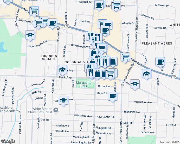 map of restaurants, bars, coffee shops, grocery stores, and more near 4961 Marion Avenue in Memphis