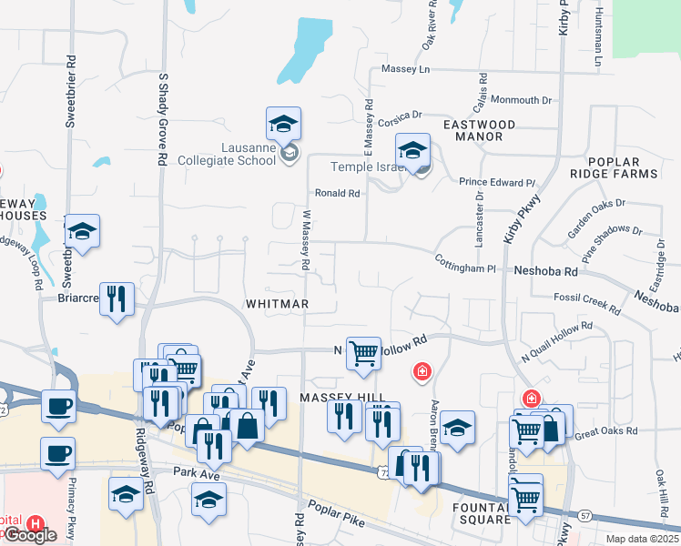 map of restaurants, bars, coffee shops, grocery stores, and more near 1522 Massey Manor Lane in Memphis