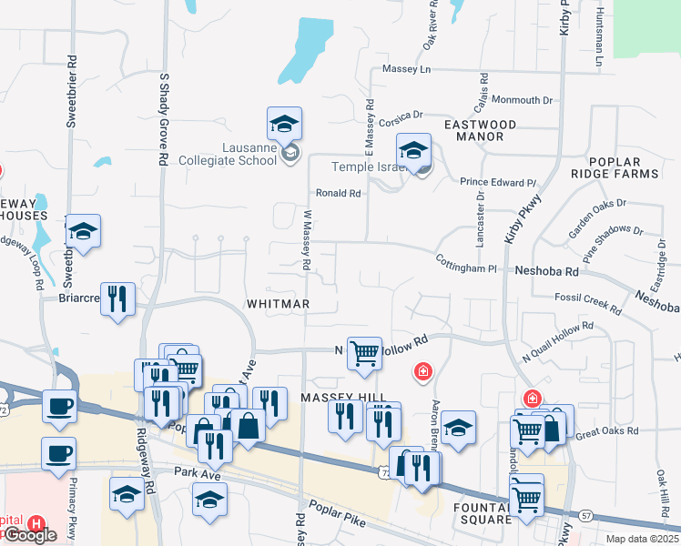 map of restaurants, bars, coffee shops, grocery stores, and more near 1522 Massey Manor Lane in Memphis