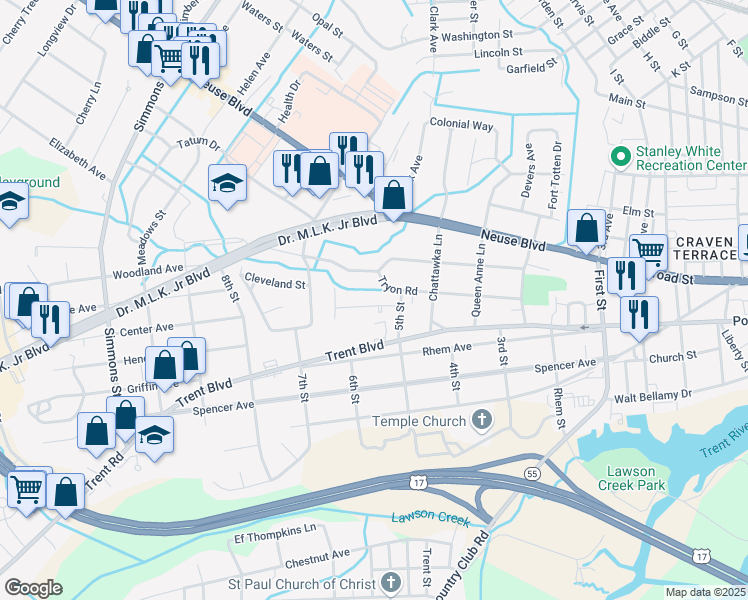 map of restaurants, bars, coffee shops, grocery stores, and more near 1730 Elmwood Drive in New Bern