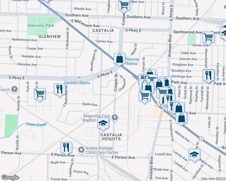 map of restaurants, bars, coffee shops, grocery stores, and more near 1397 Cooper Street in Memphis