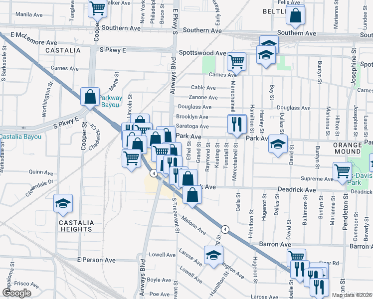 map of restaurants, bars, coffee shops, grocery stores, and more near 1017 Ethel Street in Memphis