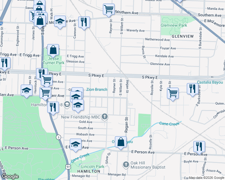 map of restaurants, bars, coffee shops, grocery stores, and more near 1422 Silver Street in Memphis