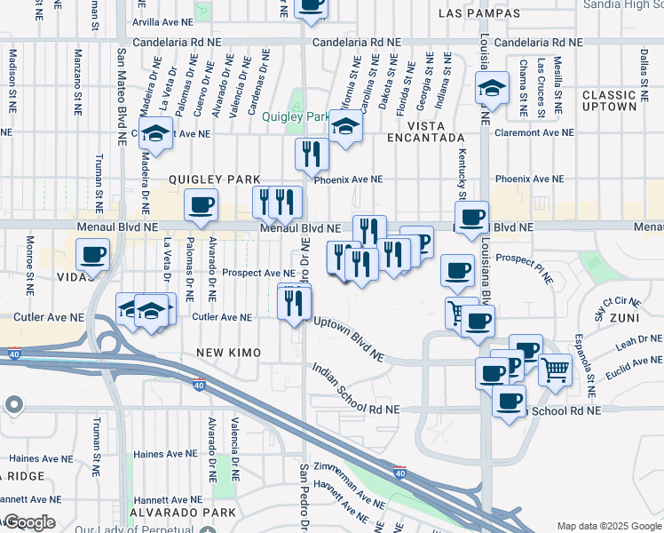 map of restaurants, bars, coffee shops, grocery stores, and more near 5301 Ponderosa Avenue Northeast in Albuquerque