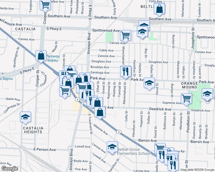 map of restaurants, bars, coffee shops, grocery stores, and more near 1029 Raymond Street in Memphis
