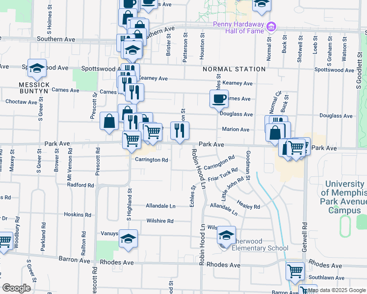 map of restaurants, bars, coffee shops, grocery stores, and more near 3635 Park Avenue in Memphis