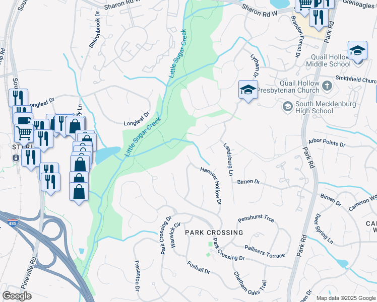 map of restaurants, bars, coffee shops, grocery stores, and more near 9805 Hanover Hollow Drive in Charlotte