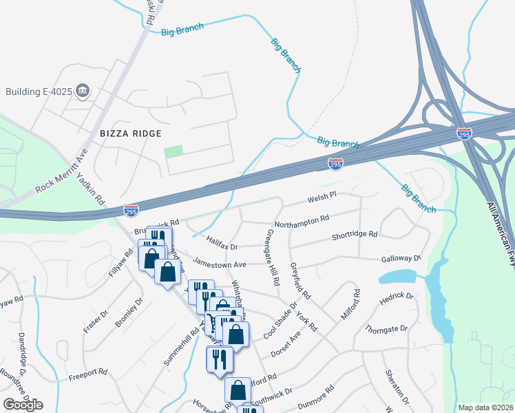 map of restaurants, bars, coffee shops, grocery stores, and more near 506-508 Brunswick Road in Fayetteville