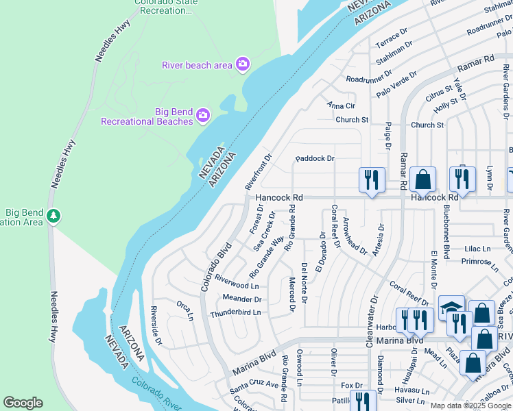map of restaurants, bars, coffee shops, grocery stores, and more near 1757 Forest Drive in Bullhead City