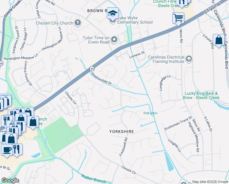 map of restaurants, bars, coffee shops, grocery stores, and more near 12015 Lazy Willow Lane in Charlotte