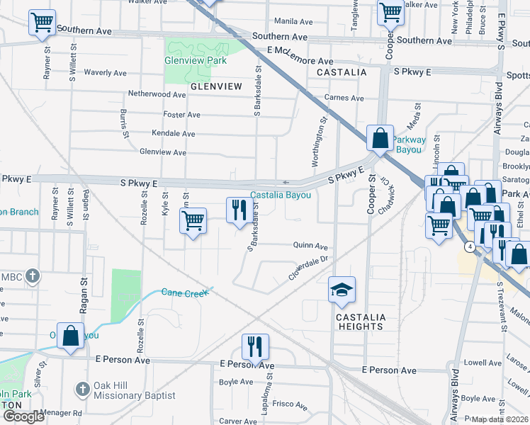 map of restaurants, bars, coffee shops, grocery stores, and more near 1911 South Parkway East in Memphis