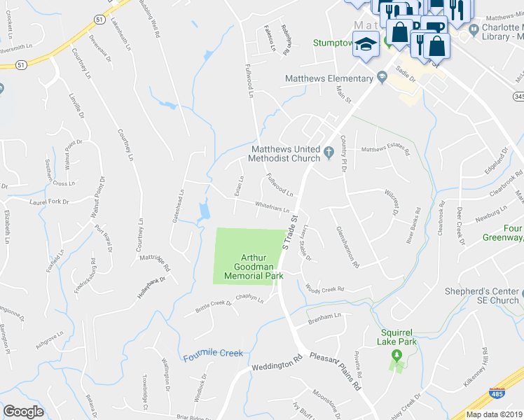 map of restaurants, bars, coffee shops, grocery stores, and more near 143 Whitefriars Lane in Matthews