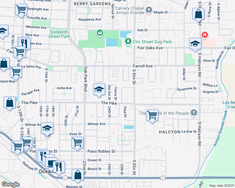 map of restaurants, bars, coffee shops, grocery stores, and more near 640 Tierra Street in Arroyo Grande