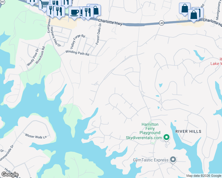 map of restaurants, bars, coffee shops, grocery stores, and more near 36 Fairway Ridge in Lake Wylie