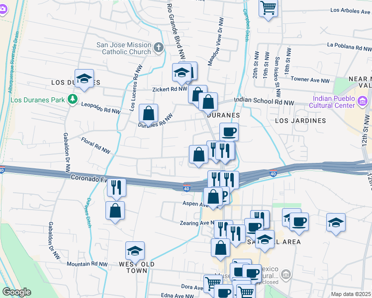 map of restaurants, bars, coffee shops, grocery stores, and more near 2461 Lilac Drive Northwest in Albuquerque
